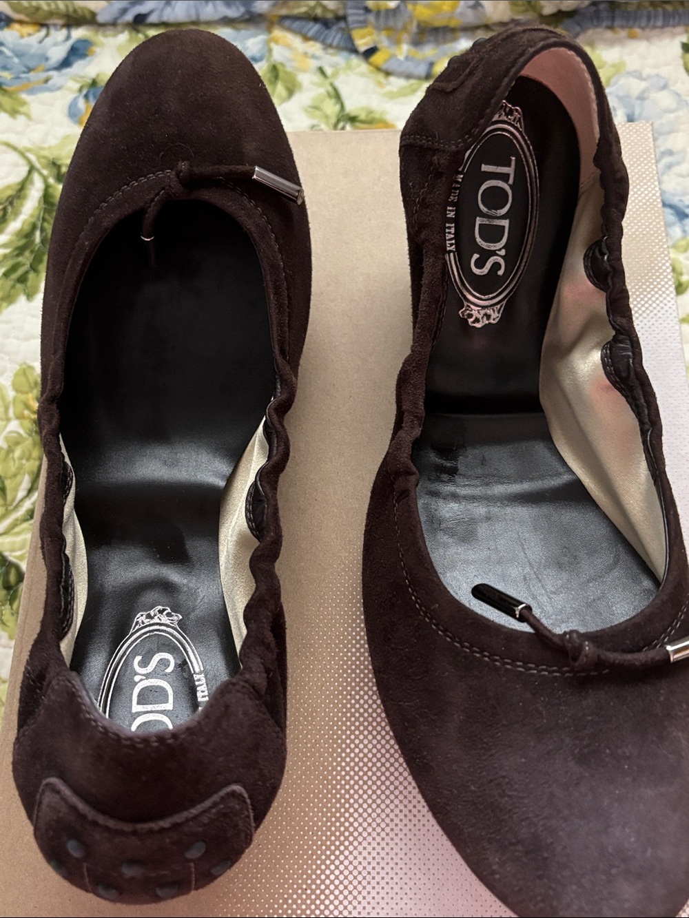 Tod's Deep Brown Suede Ballet Flats with Bow Detail